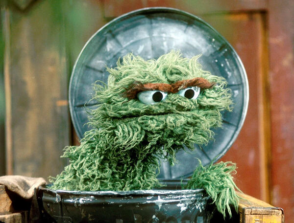 Oscar the Grouch in his garbage can.